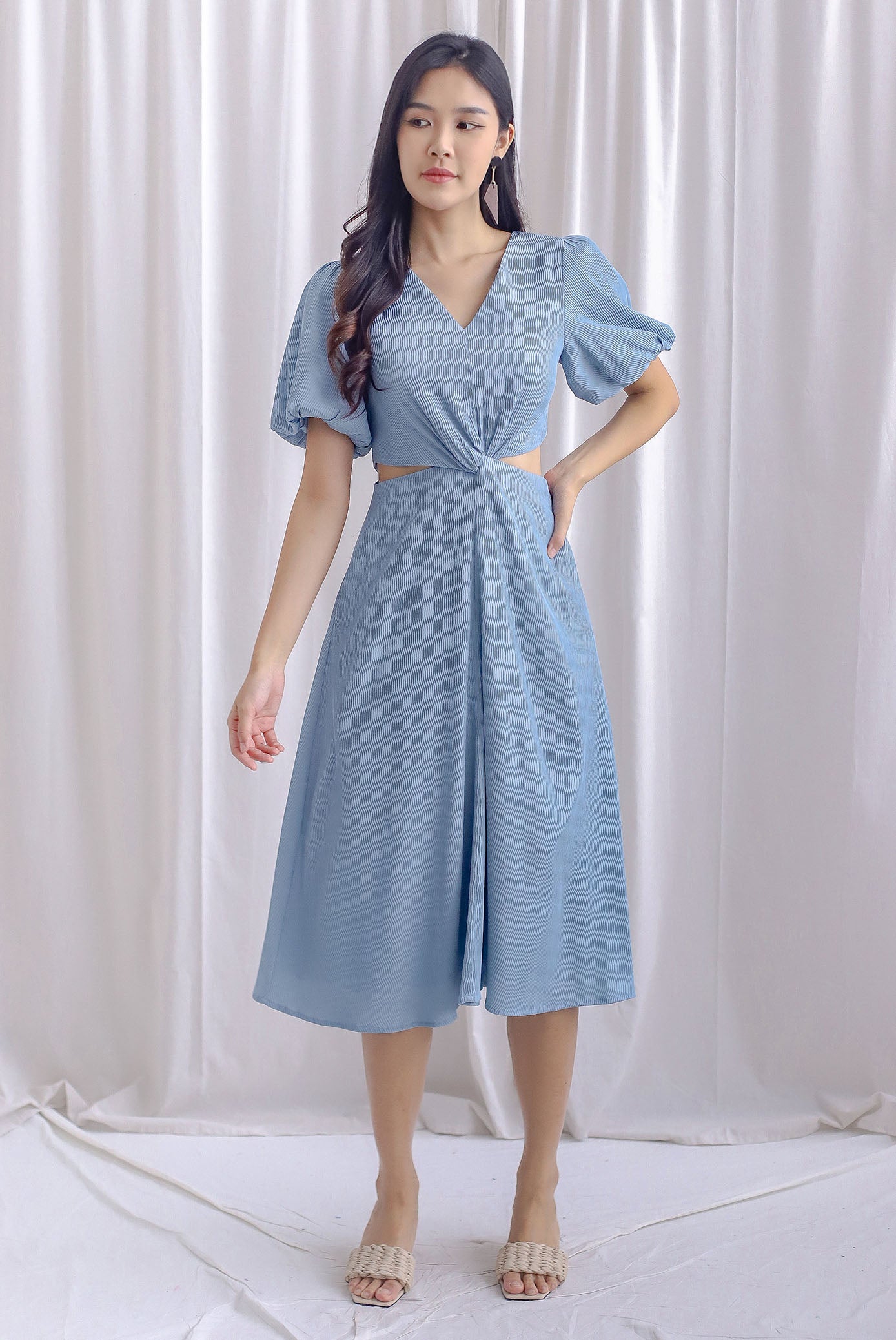 Bea Puffy Sleeve Knot Cut Out Midi Dress In Dusty Blue The Design Closets Bea Puffy Sleeve Knot Cut Out Midi Dress In Dusty Blue The Design Closets