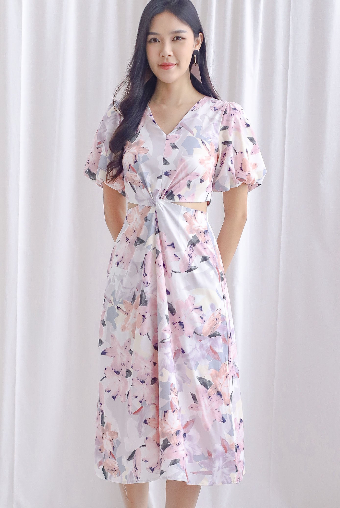 Bea Puffy Sleeve Knot Cut Out Midi Dress In Pink Floral