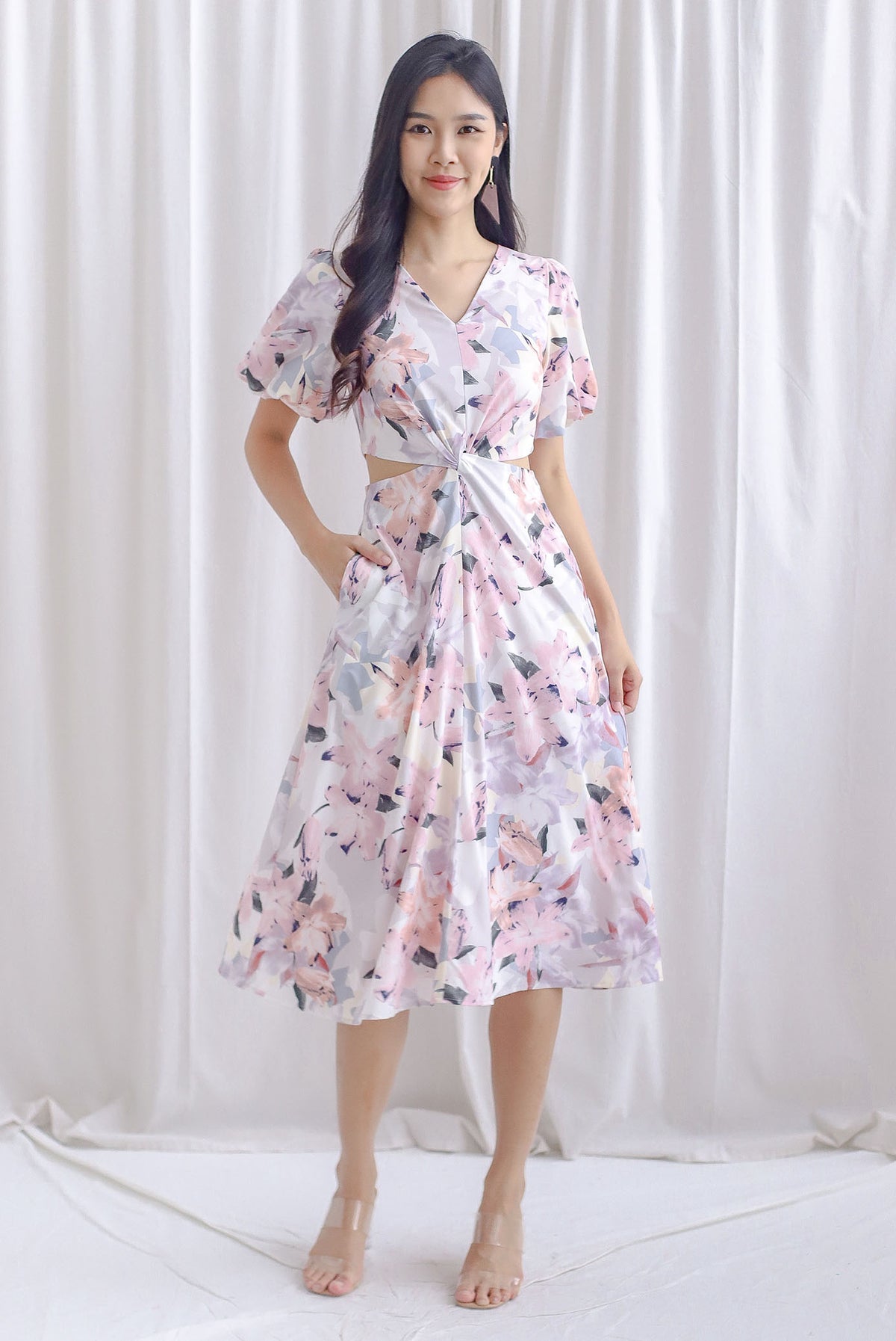 Bea Puffy Sleeve Knot Cut Out Midi Dress In Pink Floral