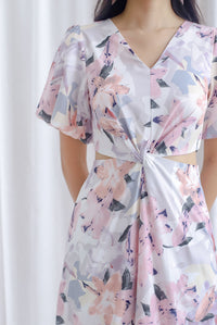 Bea Puffy Sleeve Knot Cut Out Midi Dress In Pink Floral