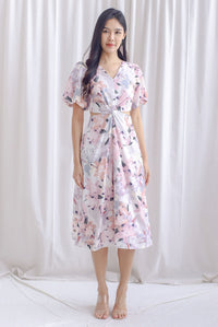 Bea Puffy Sleeve Knot Cut Out Midi Dress In Pink Floral