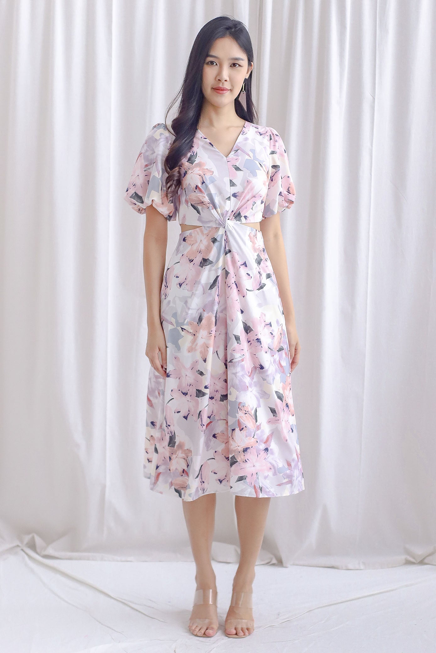 Bea Puffy Sleeve Knot Cut Out Midi Dress In Pink Floral
