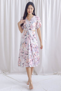 Bea Puffy Sleeve Knot Cut Out Midi Dress In Pink Floral
