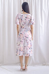 Bea Puffy Sleeve Knot Cut Out Midi Dress In Pink Floral