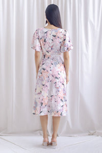 Bea Puffy Sleeve Knot Cut Out Midi Dress In Pink Floral