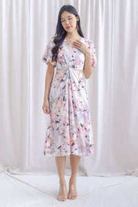 Bea Puffy Sleeve Knot Cut Out Midi Dress In Pink Floral