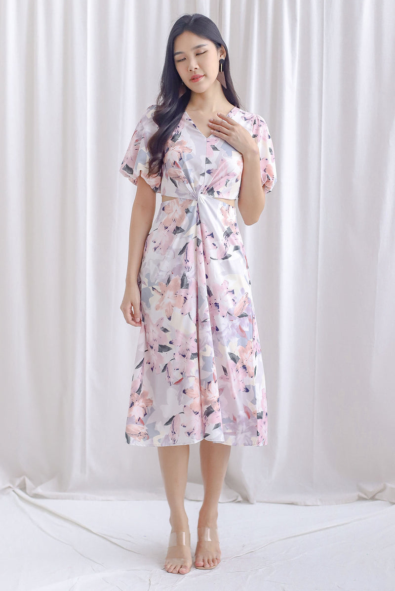 Bea Puffy Sleeve Knot Cut Out Midi Dress In Pink Floral