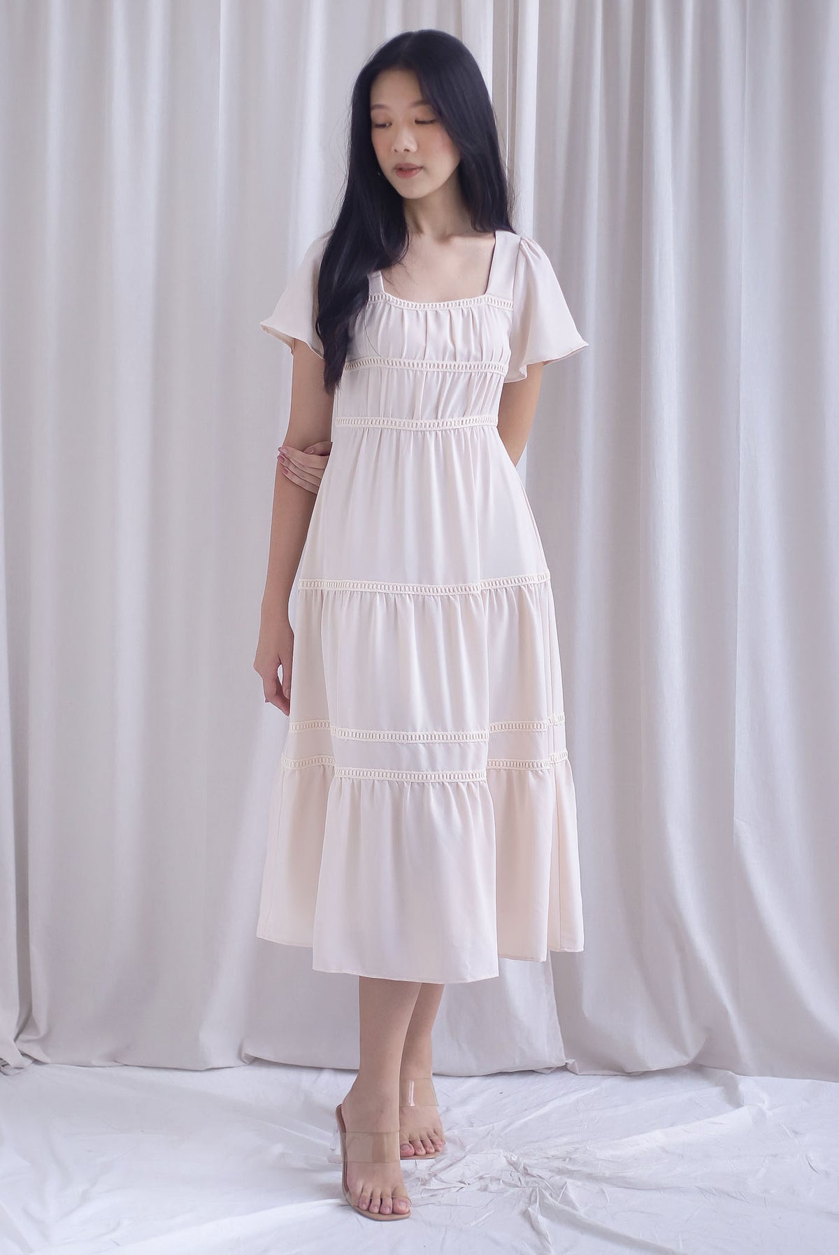 Beatrice Flutter Sleeve Lattice Tier Maxi Dress In Ecru