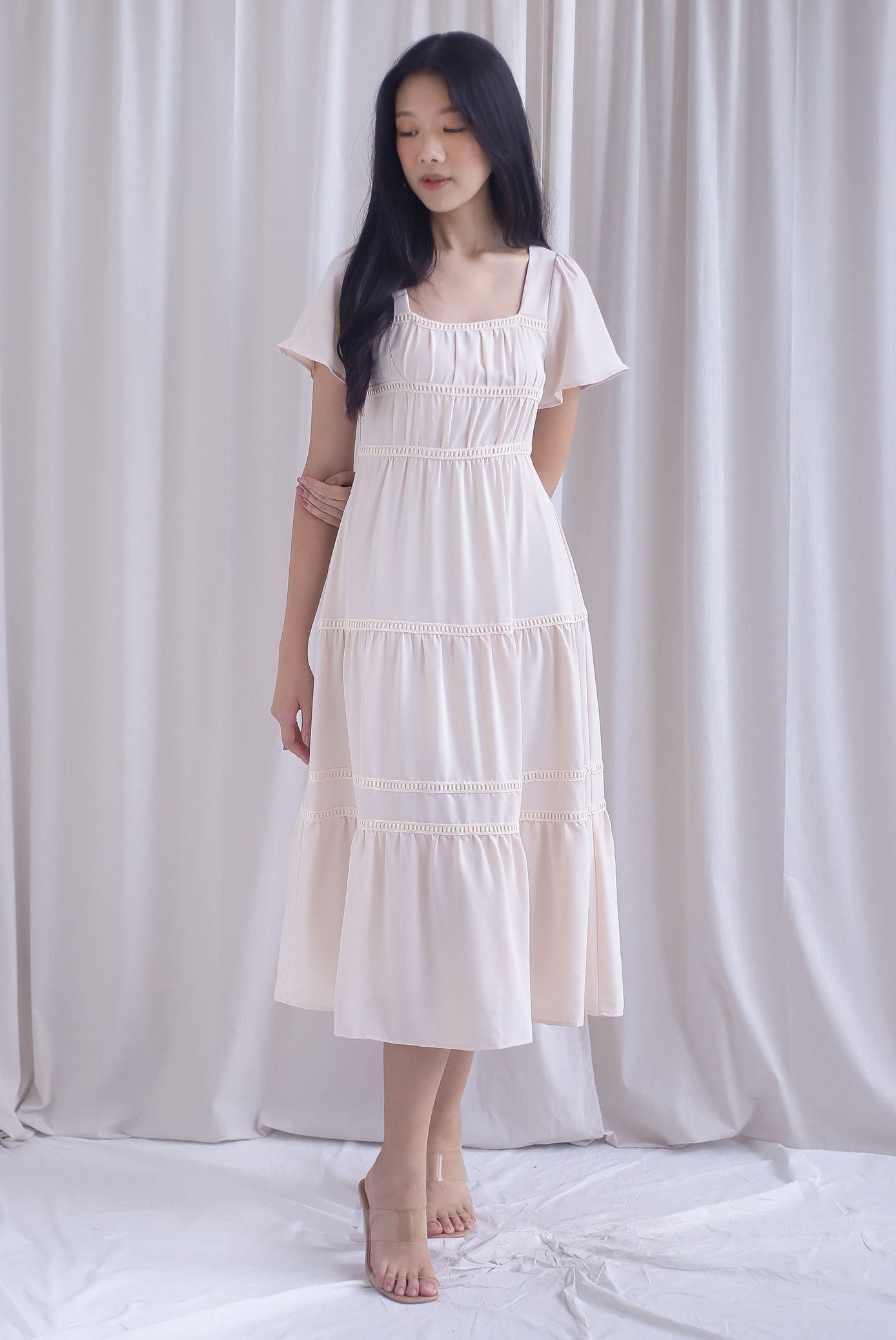 Beatrice Flutter Sleeve Lattice Tier Maxi Dress In Ecru
