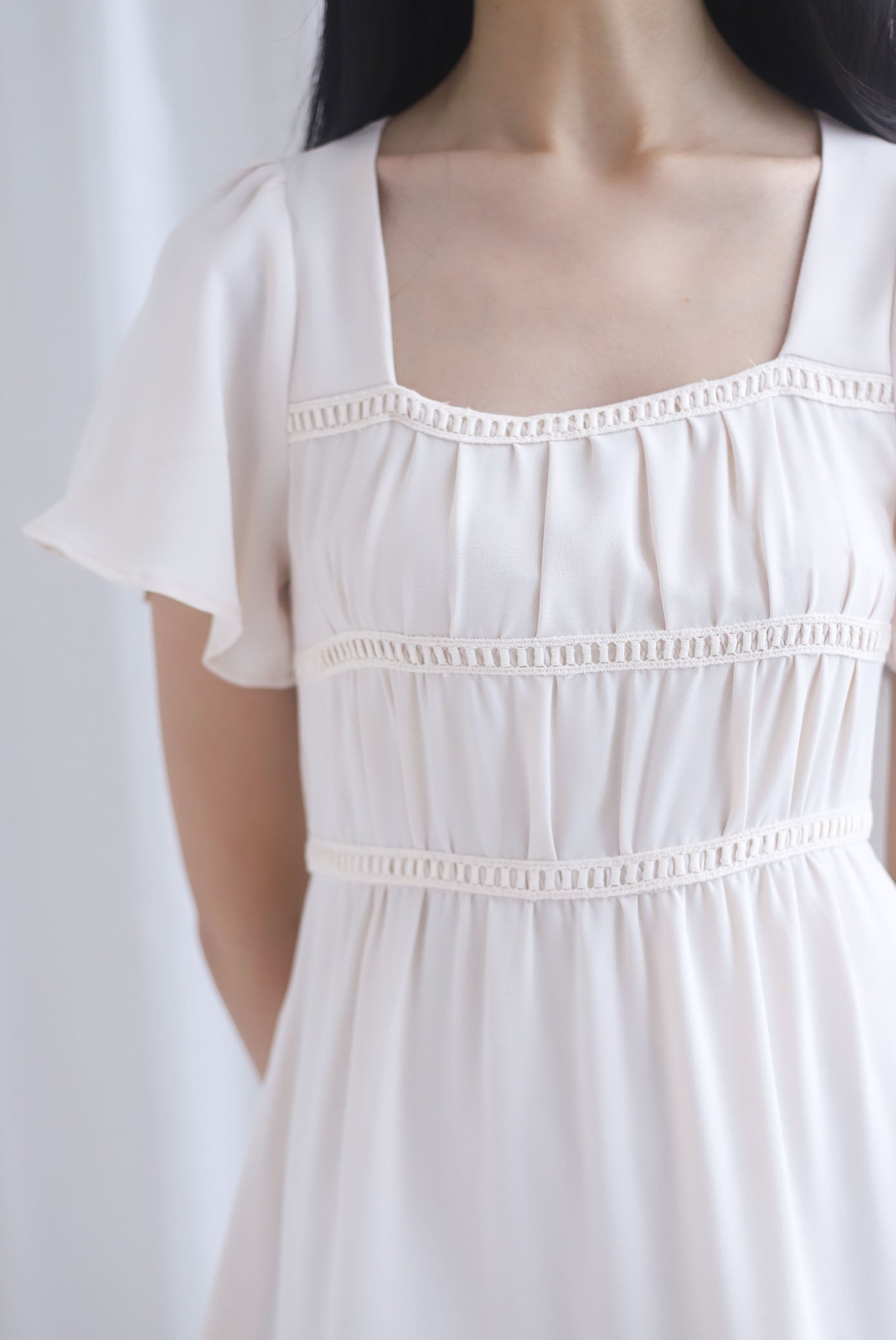 Beatrice Flutter Sleeve Lattice Tier Maxi Dress In Ecru
