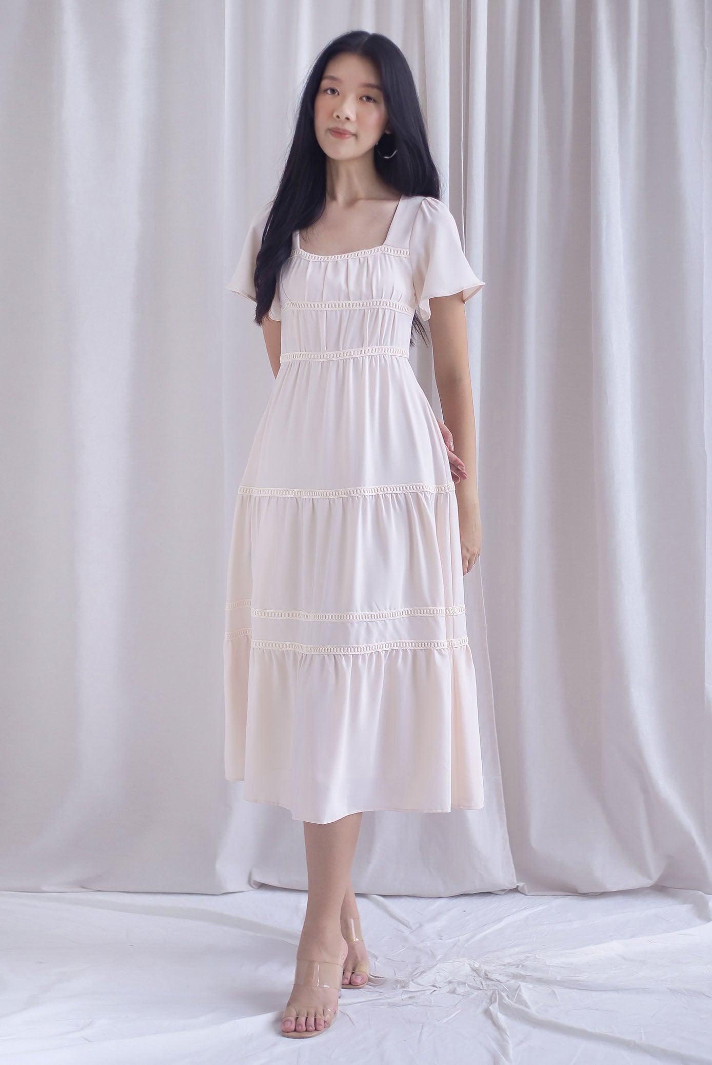 Beatrice Flutter Sleeve Lattice Tier Maxi Dress In Ecru