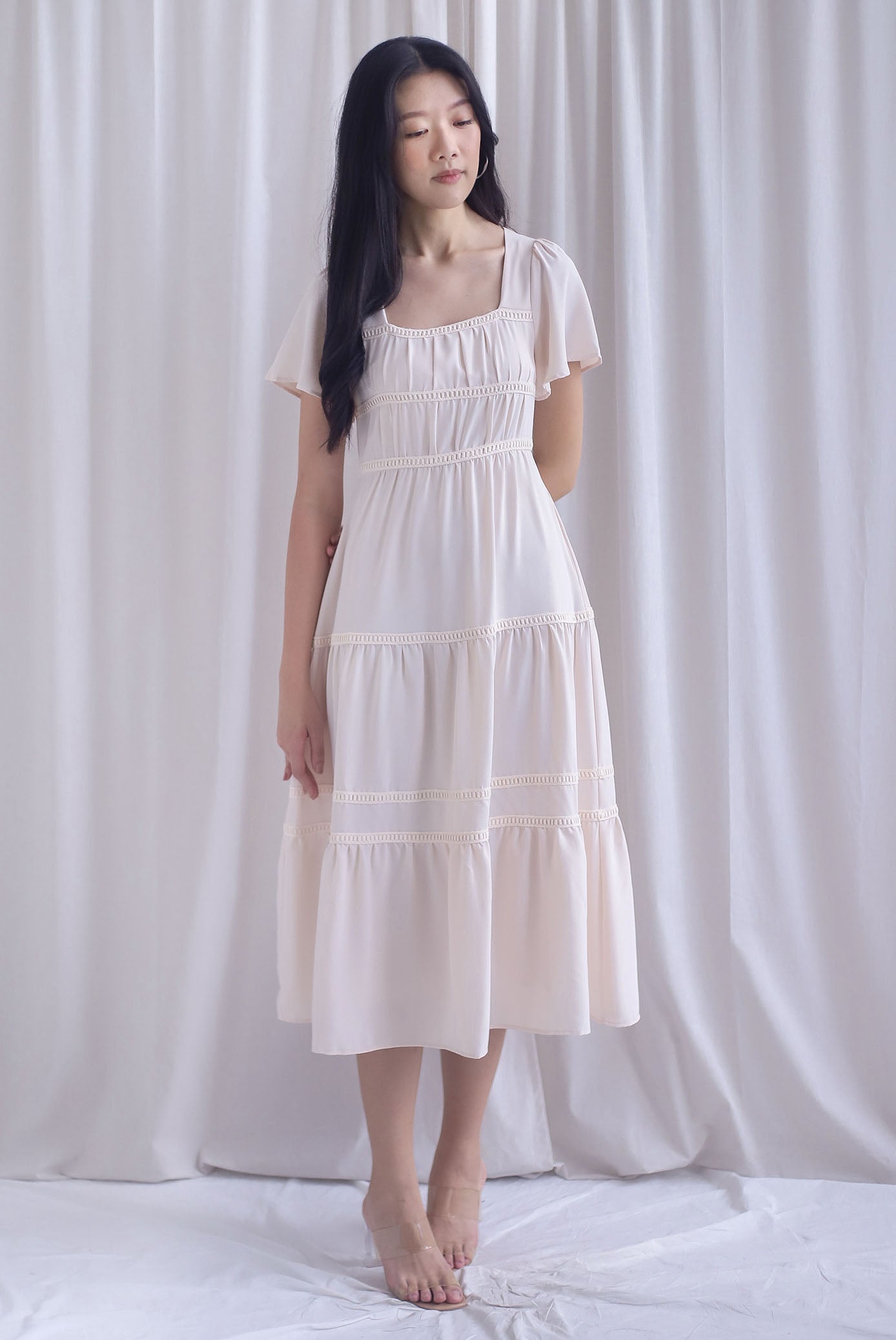Beatrice Flutter Sleeve Lattice Tier Maxi Dress In Ecru