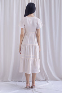 Beatrice Flutter Sleeve Lattice Tier Maxi Dress In Ecru