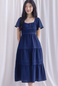 Beatrice Flutter Sleeve Lattice Tier Maxi Dress In Navy Blue