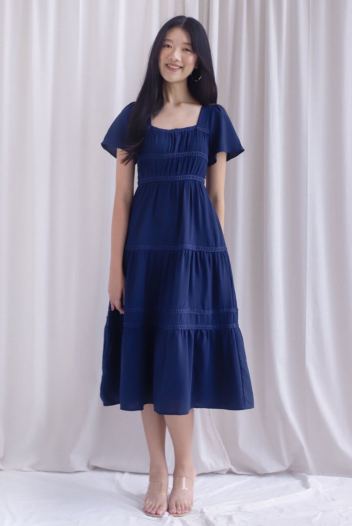 Beatrice Flutter Sleeve Lattice Tier Maxi Dress In Navy Blue