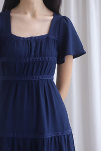 Beatrice Flutter Sleeve Lattice Tier Maxi Dress In Navy Blue