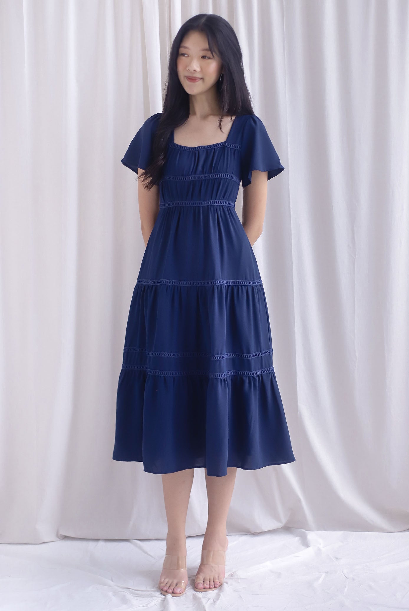 Beatrice Flutter Sleeve Lattice Tier Maxi Dress In Navy Blue