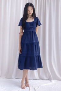 Beatrice Flutter Sleeve Lattice Tier Maxi Dress In Navy Blue