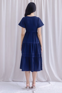 Beatrice Flutter Sleeve Lattice Tier Maxi Dress In Navy Blue