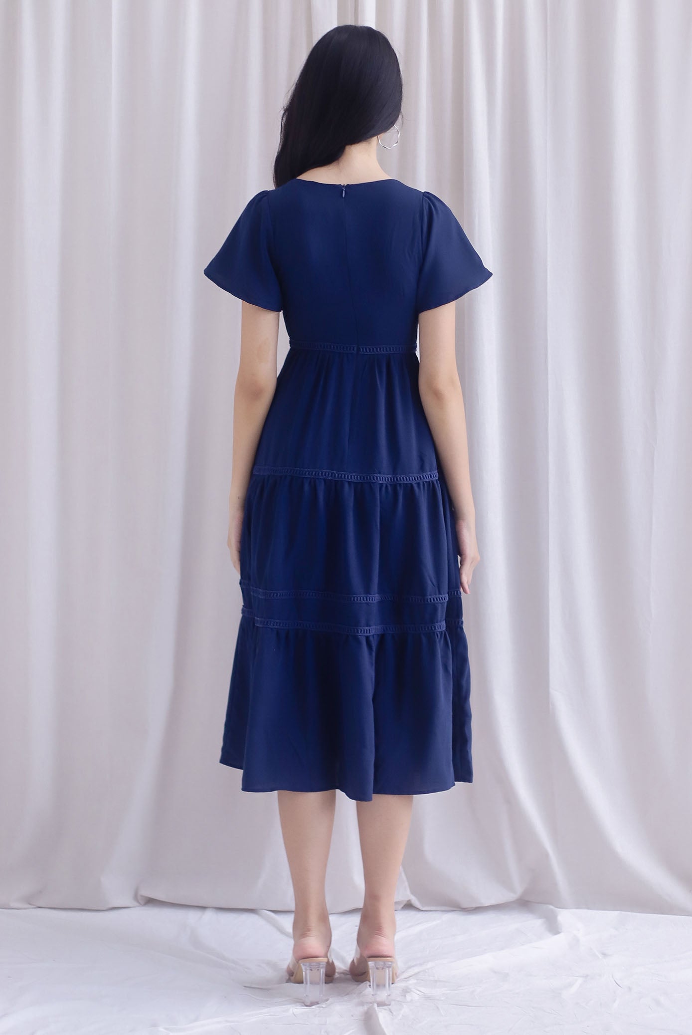 Beatrice Flutter Sleeve Lattice Tier Maxi Dress In Navy Blue