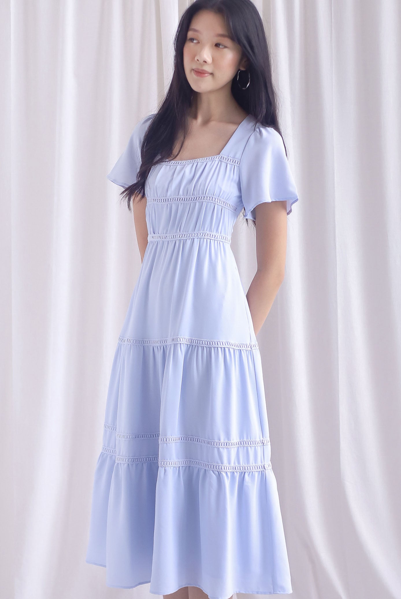 Beatrice Flutter Sleeve Lattice Tier Maxi Dress In Skyblue