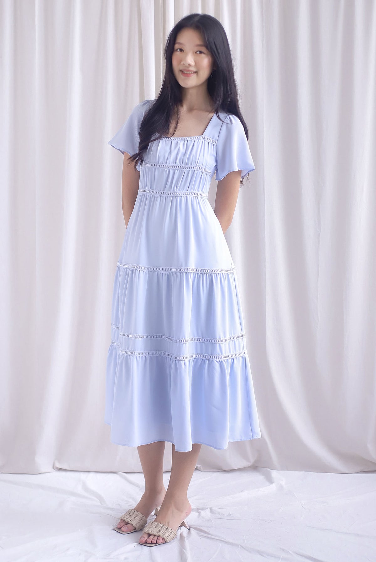 Beatrice Flutter Sleeve Lattice Tier Maxi Dress In Skyblue