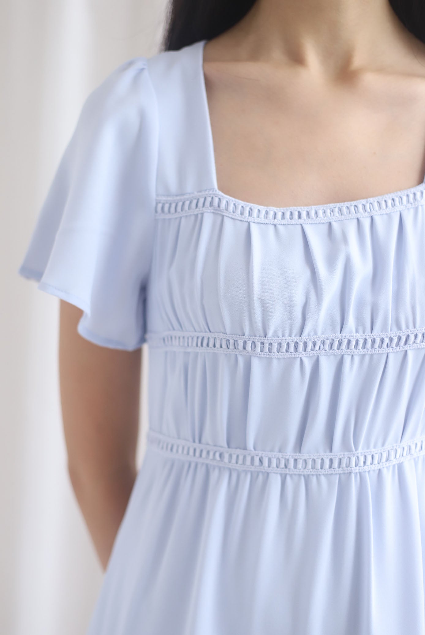 Beatrice Flutter Sleeve Lattice Tier Maxi Dress In Skyblue