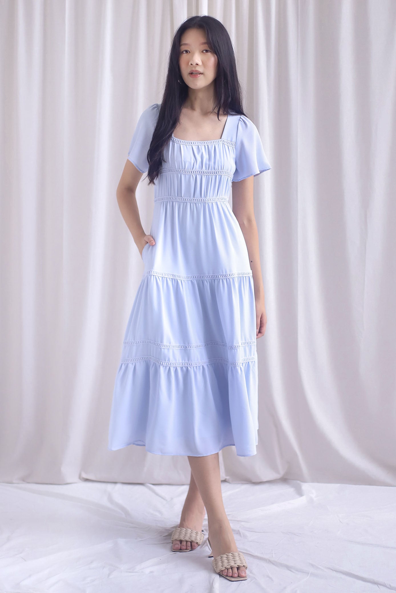 Beatrice Flutter Sleeve Lattice Tier Maxi Dress In Skyblue