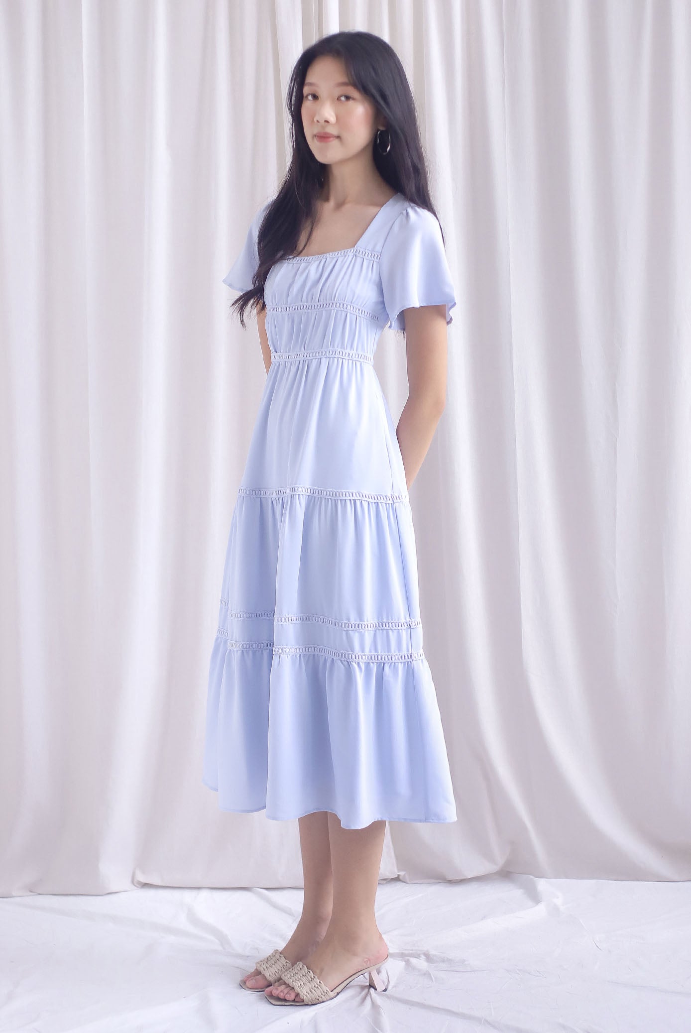 Beatrice Flutter Sleeve Lattice Tier Maxi Dress In Skyblue