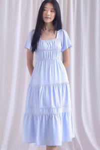 Beatrice Flutter Sleeve Lattice Tier Maxi Dress In Skyblue