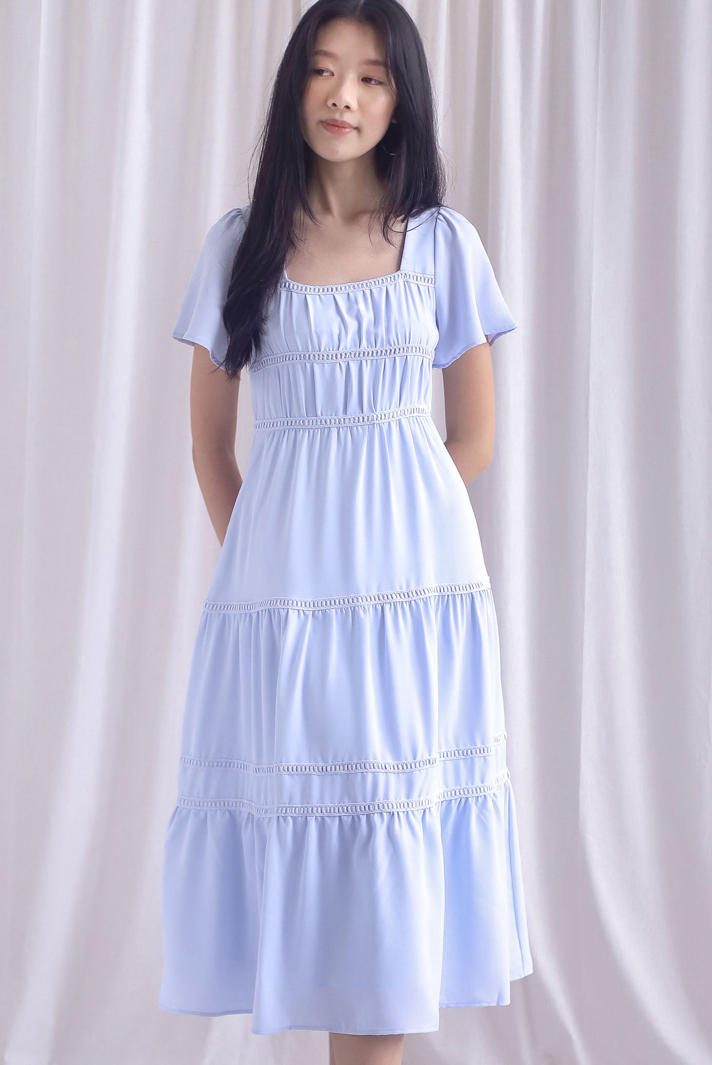 Beatrice Flutter Sleeve Lattice Tier Maxi Dress In Skyblue