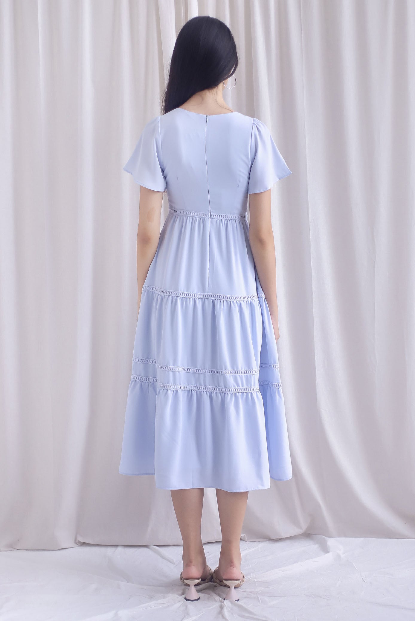 Beatrice Flutter Sleeve Lattice Tier Maxi Dress In Skyblue