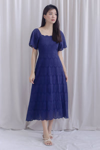 Beckett Scallop Hem Eyelet Sleeved Dress In Navy Blue