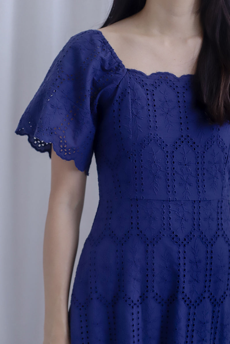 Beckett Scallop Hem Eyelet Sleeved Dress In Navy Blue