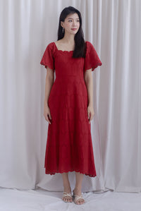 Beckett Scallop Hem Eyelet Sleeved Dress in Wine Red