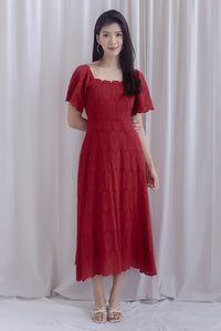 Beckett Scallop Hem Eyelet Sleeved Dress in Wine Red