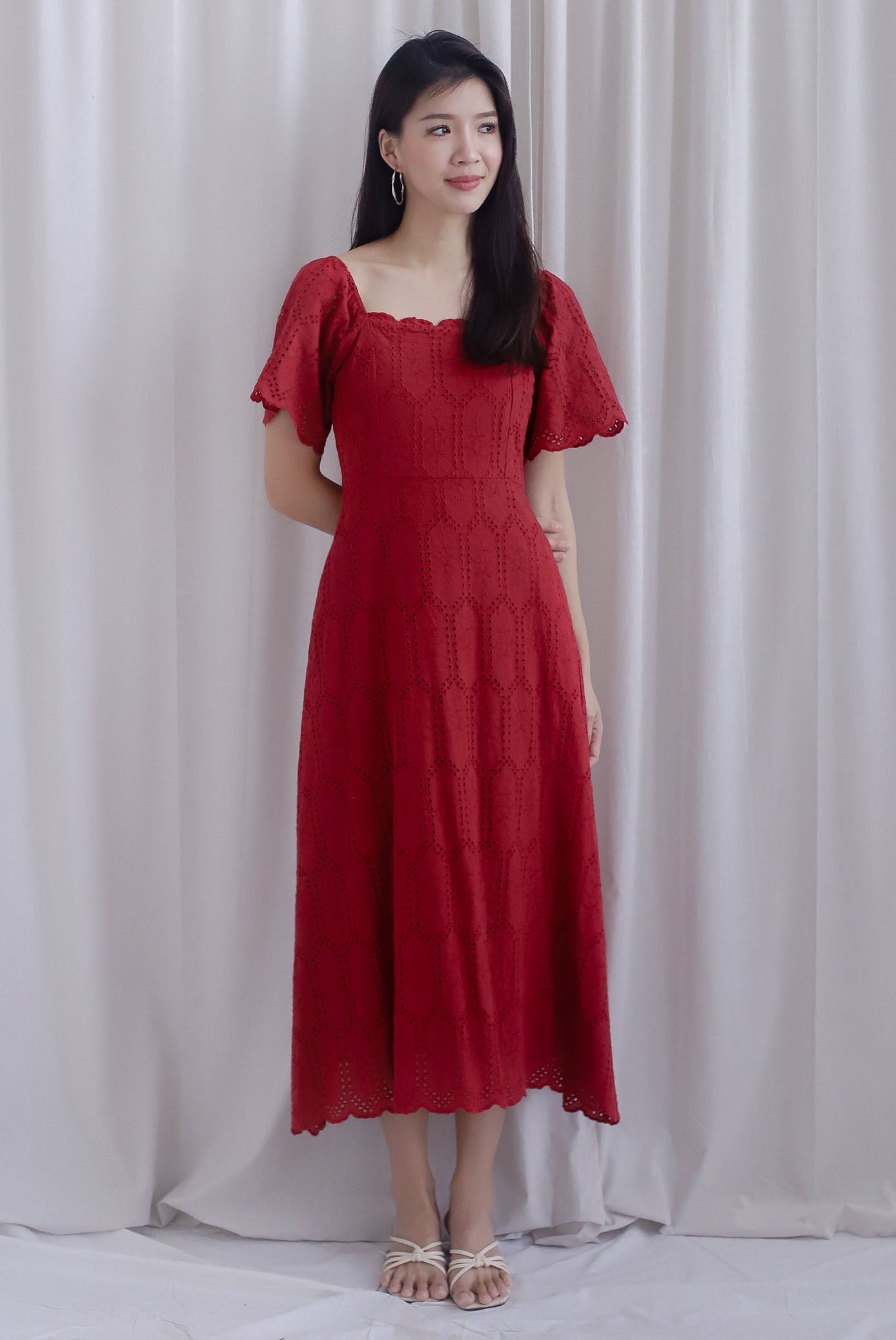 Beckett Scallop Hem Eyelet Sleeved Dress in Wine Red