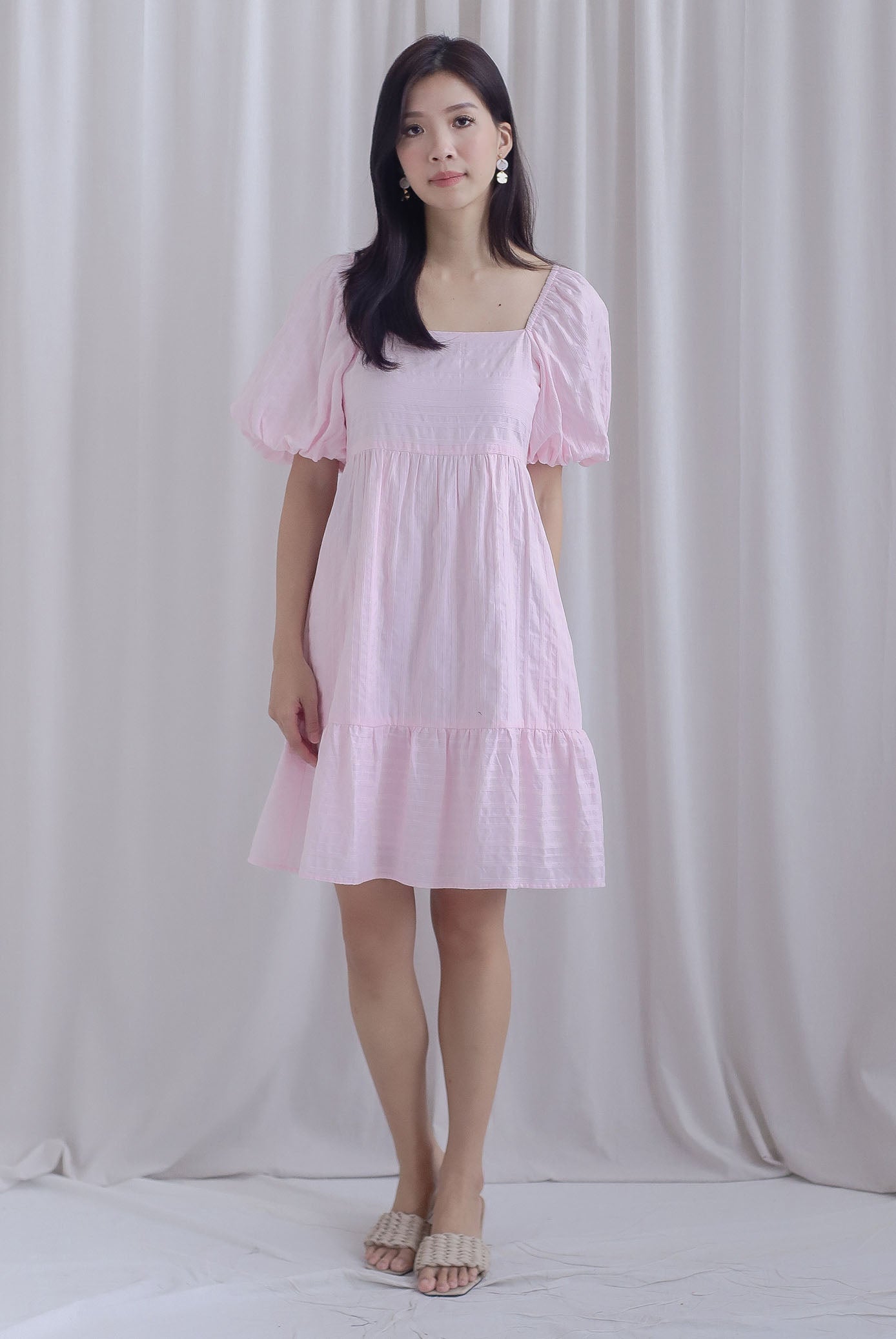 Bella Babydoll Puffy Sleeves Dress In Pink