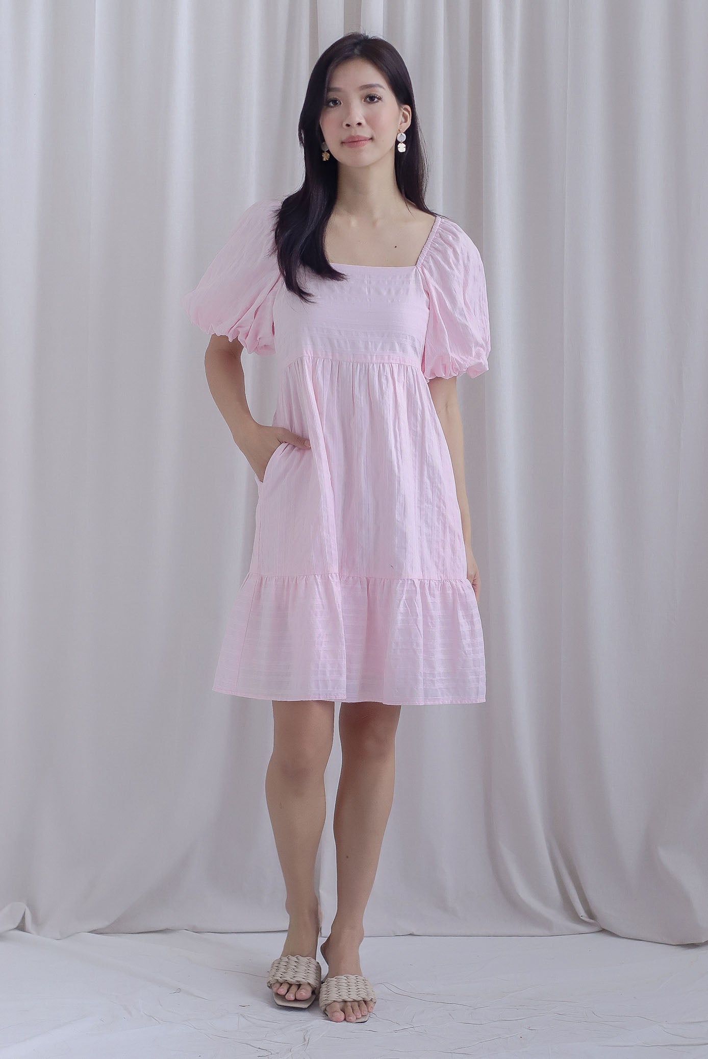 Bella Babydoll Puffy Sleeves Dress In Pink