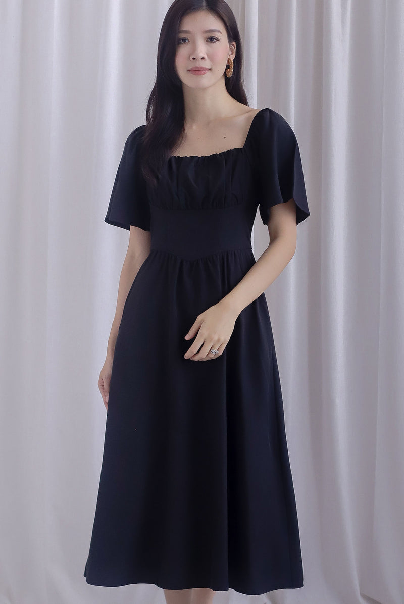 Beryl Ruched Empire Waist Sleeved Dress In Black - Size XS Beryl Ruched Empire Waist Sleeved Dress In Black - Size XS