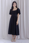 Beryl Ruched Empire Waist Sleeved Dress In Black