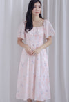 Beryl Ruched Empire Waist Sleeved Dress In Pink Butterfly