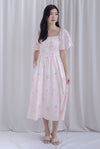 Beryl Ruched Empire Waist Sleeved Dress In Pink Butterfly