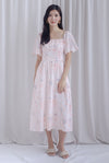 Beryl Ruched Empire Waist Sleeved Dress In Pink Butterfly