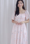 Beryl Ruched Empire Waist Sleeved Dress In Pink Butterfly