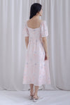 Beryl Ruched Empire Waist Sleeved Dress In Pink Butterfly