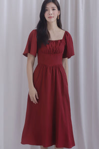 Beryl Ruched Empire Waist Sleeved Dress In Wine Red