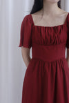 Beryl Ruched Empire Waist Sleeved Dress In Wine Red