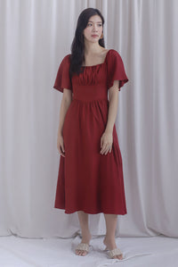 Beryl Ruched Empire Waist Sleeved Dress In Wine Red