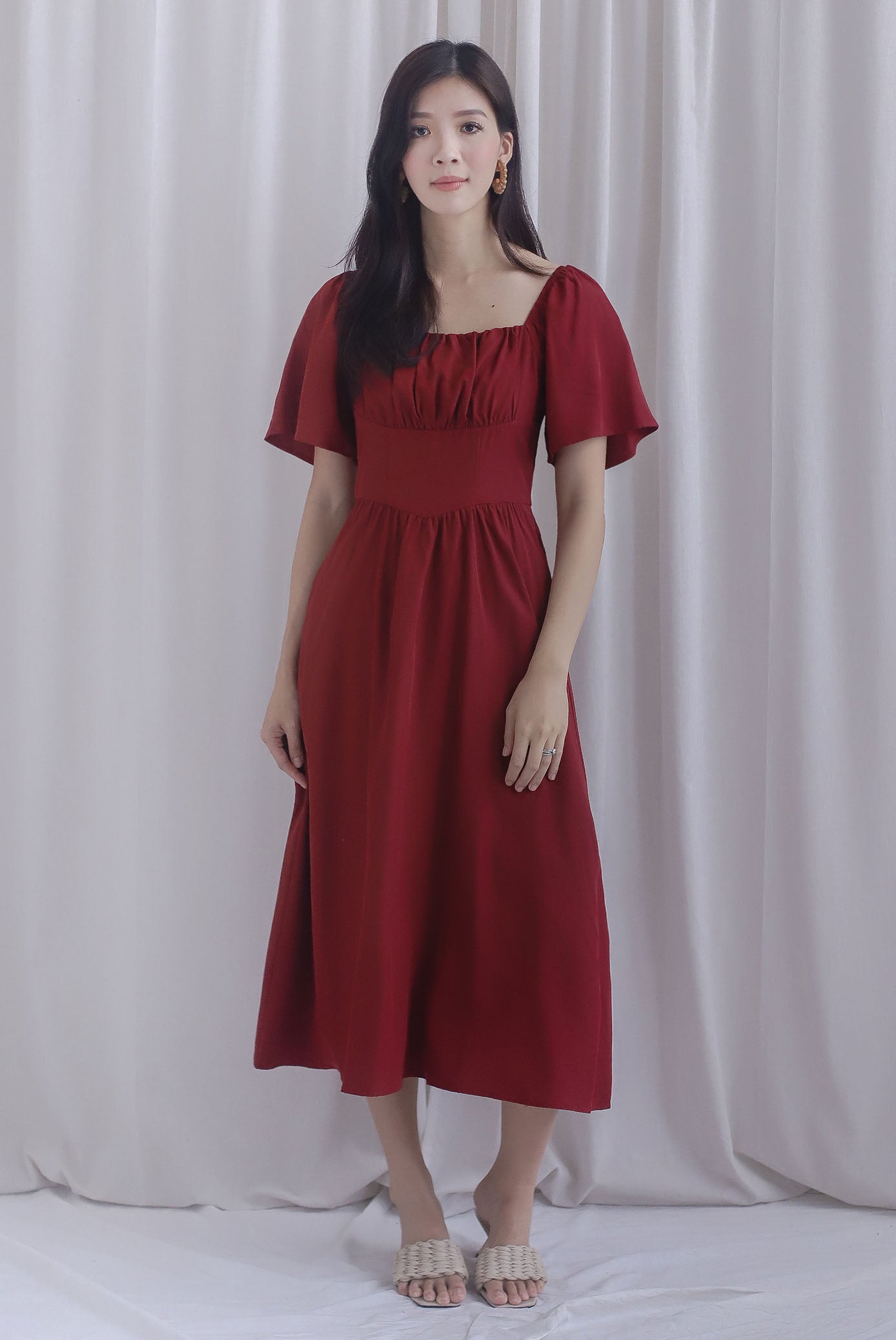 Beryl Ruched Empire Waist Sleeved Dress In Wine Red